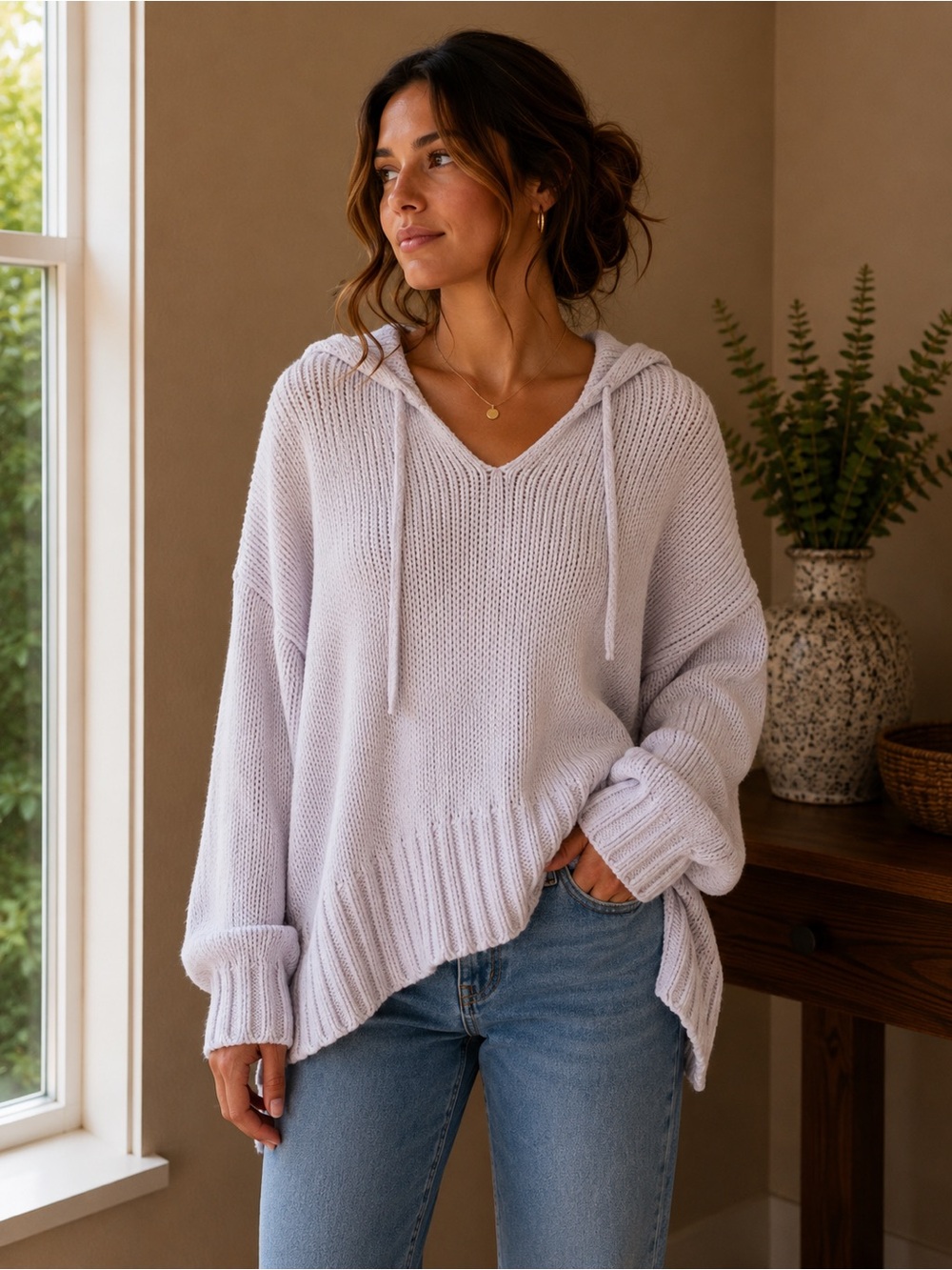 aerie Soft V-Neck Hooded Sweater in Pale Lavender